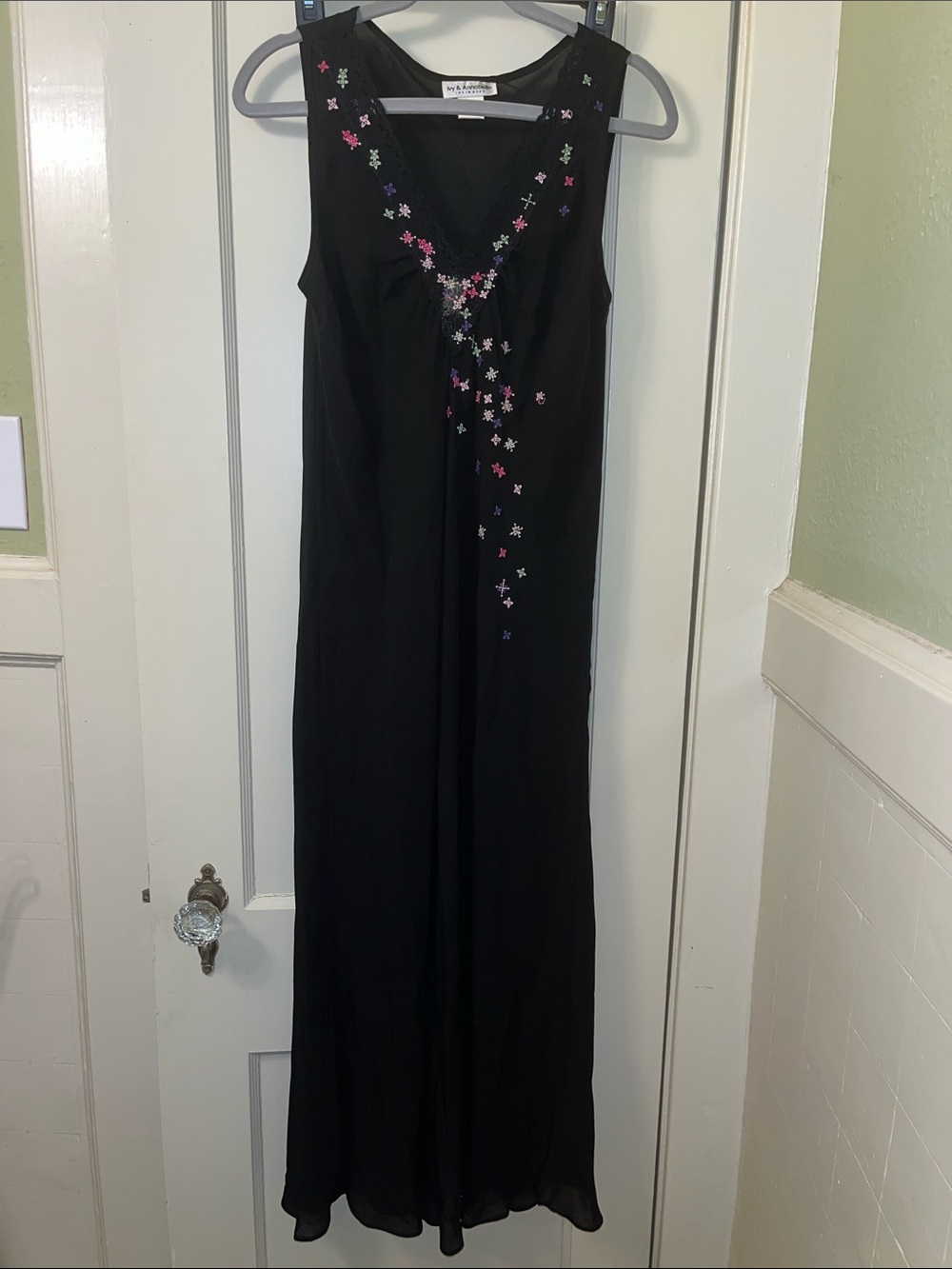 Black Sheer Sleeveless Chemise with Multicolor Floral Embroidery